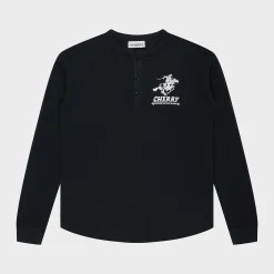 Cherry Men'S Henley Thermal L/S T-Shirt (Black) New