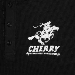 Cherry Men'S Henley Thermal L/S T-Shirt (Black) New